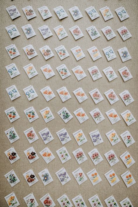 Custom seed packet seating chart board for garden party wedding Plant Seating Chart, Seating Chart Board, Colorful Garden Wedding, Wedding Planning Packages, Custom Seed Packets, Party Seating, Spring Garden Wedding, Flower Seeds Packets, Wedding Display