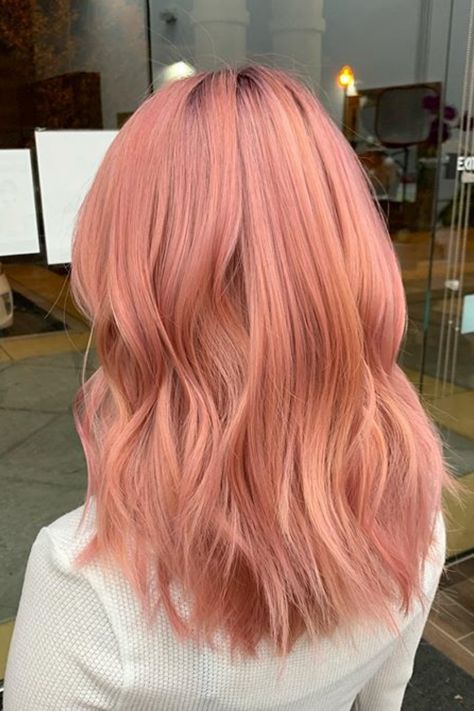 Pinky Peach Hair, Honey Pink Hair, Peach Pink Hair Color, Coral Pink Hair Color, Rusty Pink Hair, Medium Length Pink Hair, Salmon Hair Color, Shoulder Length Pink Hair, Pink Medium Hair