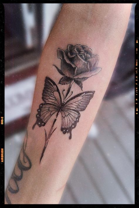 Rose & Butterfly Tattoo Inspiration Rose Tattoo Butterfly, Butterfly Sleeve Tattoo Men, Tattoo Ideas Female Rose And Butterfly, Butterfly With Roses Tattoo, Rose With Butterfly Tattoo, Rose And Butterfly Tattoos, Rose And Butterfly Tattoo Design, Butterfly Tattoo On Forearm, Butterfly And Rose Tattoo