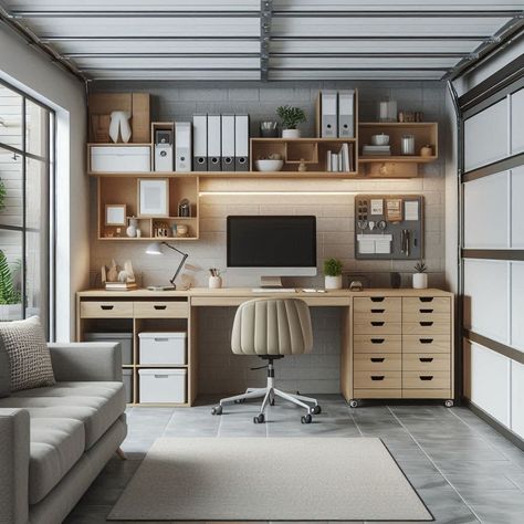 Converted Garage Office, Home Office In Garage, Garage Into Office Space, Office Blueprints, Cozy Office Space At Work, Gym Office Combo Work Spaces, Office Garage Ideas, Gym Office Combo, Home Office And Gym Combo