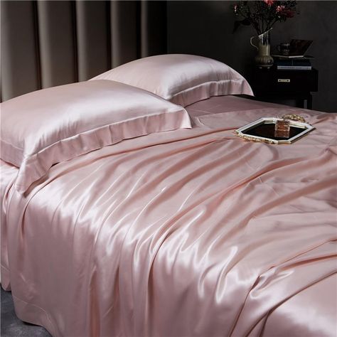 Looking for the ultimate luxury bedding experience? The Pale Pink 25 Momme Mulberry Silk Bedding Set is the ultimate embodiment of luxury and comfort. Made from the finest grade of 100% pure mulberry silk, with a luxurious 25 momme weight, this bedding set is incredibly soft, smooth and hypoallergenic, providing a restful and refreshing night's sleep. Treat yourself to the finest quality silk bedding and transform your sleep experience into one of pure bliss. What's Included? 4 Piece Sets includ Royal Bedding, Pink Bed Sheets, Silk Bed Sheets, Silk Bedding Set, Egyptian Cotton Bedding, Satin Bedding, Satin Sheets, Designer Bedding Sets, Silk Bedding