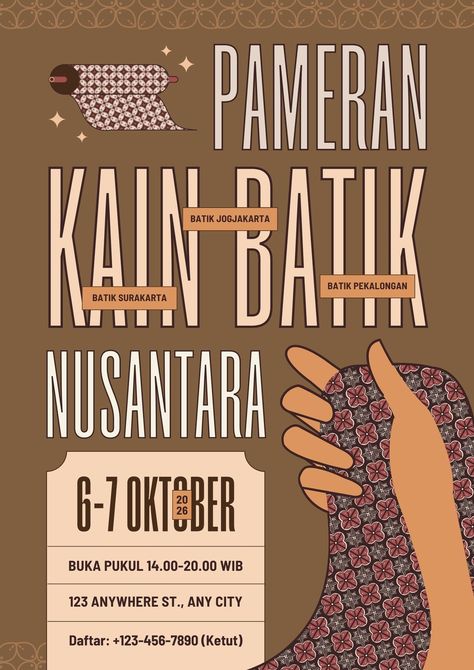 Cokelat Ilustrasi Kreatif Minimalis Flyer Pameran Hari Batik Nasional - Templates by Canva Hari Batik, Resume Maker, Photo Collage Maker, Flyer And Poster Design, Marketing Logo, Collaborative Learning, Collage Background, Learning Management System, Flyer Maker