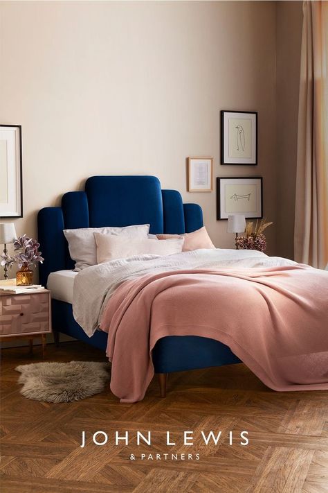 Teal Bedframe Ideas, Bedroom Decor With Blue Bed, Colour Full Bedroom Ideas, Bedroom Ideas With Blue Bed, Velvet Blue Bed, Bedroom Interior Beds & Frames, Blue Bed Frame Bedroom Decor, Velvet Bed Frames, John Lewis Bedroom