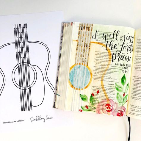 Bible Journaling With Me- Watercolor Guitar- Plus A Free Printable! - Scribbling Grace Embroidery Words Letters, Watercolor Guitar, Embroidery Words, Bible Journaling Printables, Bible Drawing, Quotes Arabic, Bible College, Bible Journaling Ideas Drawings, Bible Doodling