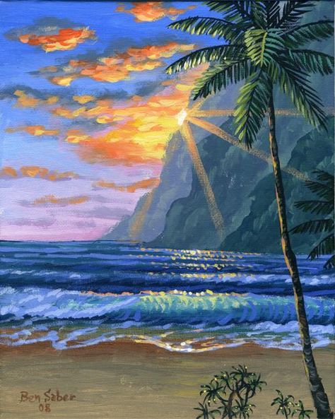 Ben Saber Sun Clothes, Easy Nature Paintings, Maui Lahaina, Hawaii Landscape, Paradise Painting, Cheeseburger In Paradise, Beach Landscapes, Lanai Island, Simple Oil Painting