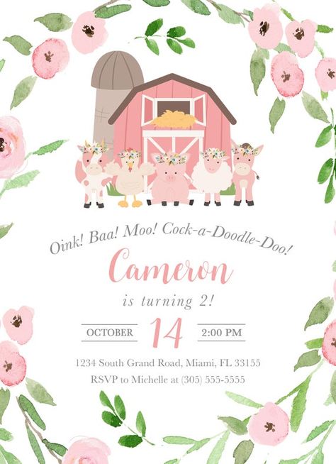 Farm Birthday Invitation Girl Farm Birthday Party Invitation | Etsy Girl Farm Birthday Party, Pink Farm Birthday, Pink Barnyard Party, Farm Birthday Party Invitations, Girls Farm Birthday, Barnyard Birthday Party, Farm Birthday Invitation, Farm Theme Birthday, Farm Themed Birthday Party