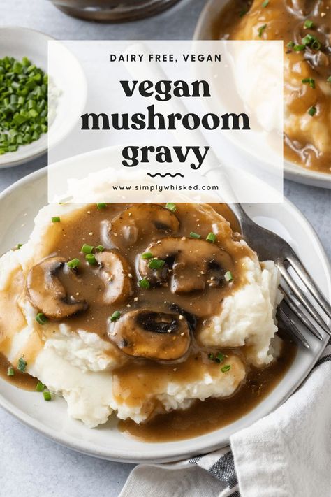 This simple vegan mushroom gravy is savory, earthy and full of satisfying umami. It will make a perfect addition to your favorite mashed potatoes. With the option to make it gluten free, this allergy friendly recipe will quickly become a household favorite! Vegan Mushroom Gravy, Mushroom Gravy Recipe, Vegan Mashed Potatoes, Vegan Gravy, Vegan Mushroom, Condiment Recipes, Mushroom Gravy, Gravy Recipe, Allergy Friendly Recipes