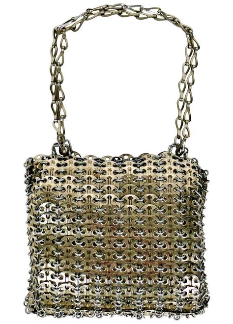 Paco Rabanne vintage iconic 1969 silver toned chain mail bag made of perforated round metal plates bonded by metal rings. Mail Bag, Metal Plates, Chain Mail, Paco Rabanne, Vanity Fair, Metal Rings, Michael Kors Monogram, Bag Making, Straw Bag