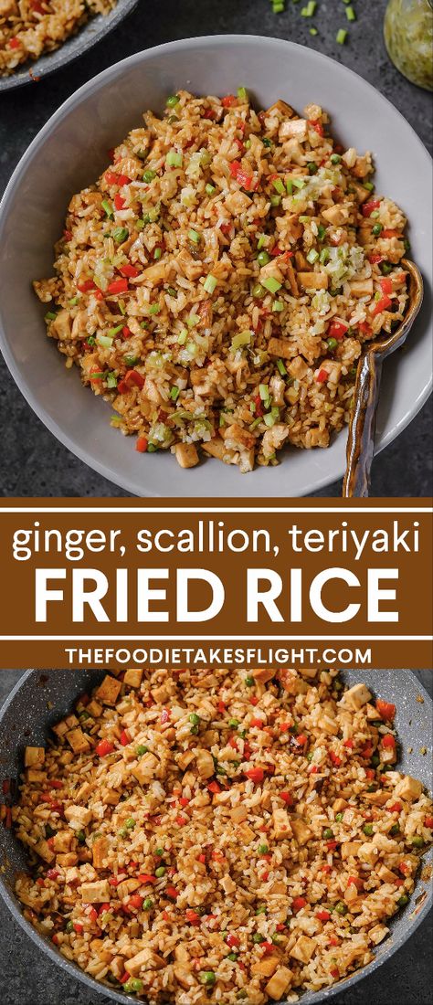 Ginger, Scallion, and Teriyaki Fried Rice Scallion Fried Rice, Ginger Fried Rice, Teriyaki Fried Rice, Vegan Rice Dishes, Vegan Chinese Food, Postpartum Meal, Batch Meals, Leftover Veggies, Fried Rice With Egg