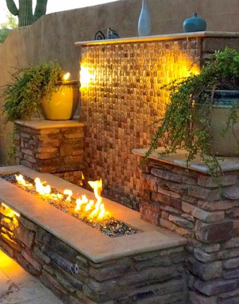 Fire Pit Waterfall Combo, Outdoor Fireplace With Water Feature, Front Yard Fountain, Fire Feature Wall, Backyard Resort, Key Club, Fireplace Patio, Outdoor Living Space Design, Water Feature Wall