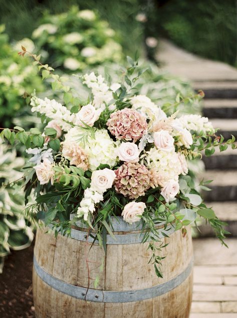 Wine barrel design for your wedding ceremony. Niagara wedding florist Wine Country Floral www.winecountryfloral.com Andrew Mark Photography Wine Barrel Wedding Flowers, Wine Barrel Wedding Decor, Ceremony Flowers Aisle, Barrel Wedding Decor, Wine Barrel Wedding, Barrel Flowers, Barrel Wedding, Backyard Wedding Ceremony, Flowers Wine