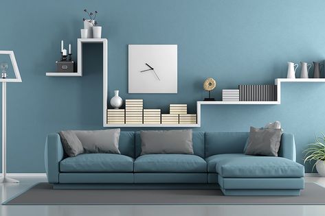 Sky blue wall paint colors with a sense of expansiveness, openness and tranquility into your living room Blue Sofas Living Room, Open Living Room Design, Blue Painted Walls, Minimalist Dekor, Room Wall Colors, Modern Minimalist Living Room, Hall Interior Design, Room Blue, Sofa Set Designs