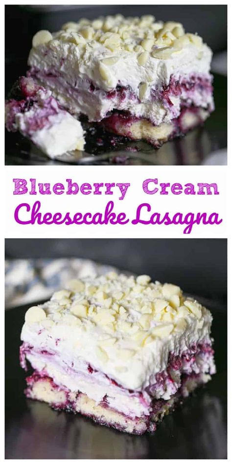 Blueberry Cream Cheesecake Lasagna - The Baking ChocolaTess White Chocolate Blueberry Lasagna, Blueberry Recipes Dinner, Blueberry Cheesecake Fluff, Desert Lasagna, Dessert Lasagna Recipes, Lasagna Desserts, Bday Desserts, Blueberry Lasagna, Unusual Desserts