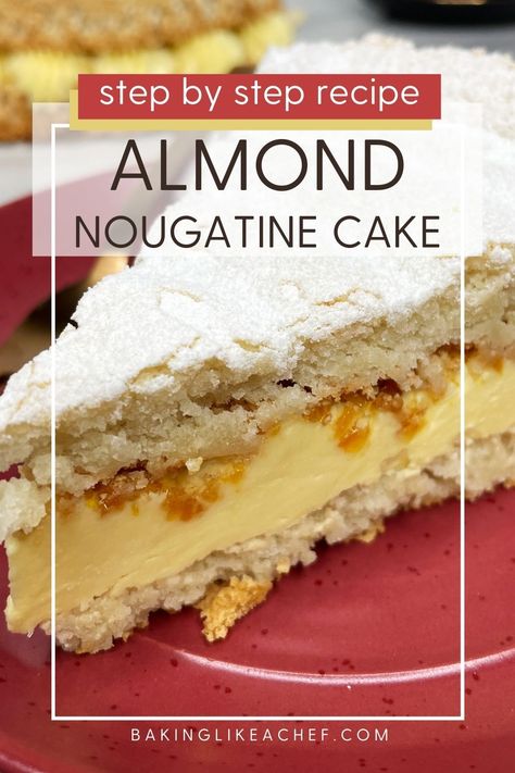 This 6-ingredient French almond nougatine cake is elegant and crunchy. Simple almond dacquoise and vanilla buttercream sprinkled with almond nougatine make every bite amazing. It is gluten-free and is perfect for serving those with gluten intolerance. Easy to make is a benefit for novice bakers. #bakinglikeachef #almonddacquoise #dacquoise #buttercream #easy #best #nougatine | www. bakinglikeachef.com Almond Dacquoise Cake, Nougatine Recipe, Dacquoise Recipe, Dacquoise Cake, Napoleons Recipe, Almond Paste Recipes, Italian Sweets, Pastries Recipes, French Almond