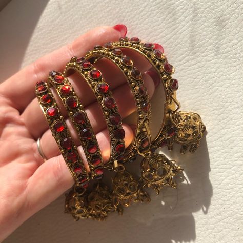 Straight From Mumbai, Gorgeous Celebratory Bangles For Little Girls Size - 2” Diameter 4 Golden Colored Pieces With Red Stones 1 Golden Color Piece With Orange Stones 2 Pieces - $5 5 Pieces - $10 Pop It In A Bundle And Let Me Know How Many Pieces You Wantmix N Match For Greater Savings!! Smoke Free Home Fast Shipper Jade Braids, Fancy Bangles, African Bangles, Golden Bangles, Red Bangles, Shopping Link, Princess Jewelry, Kids Accessories Jewelry, Red Stones