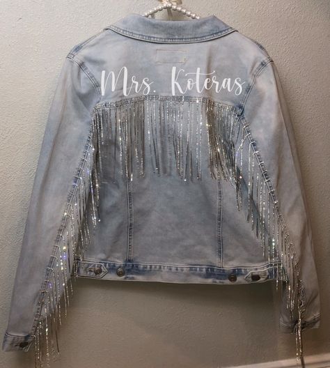 Bride Denim Jacket, Fringe Denim Jacket, Bedazzled Jeans, Light Wash Denim Jacket, Rhinestone Fringe, Painted Jacket, Bridal Jacket, Bachelorette Trip, Custom Denim