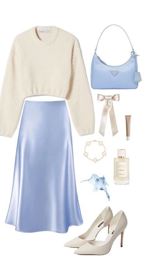 #Minimalistoutfit #outfitinspo #modestoutfit #modestaesthetic #2024trends #springhues #2024outfit #winteroutfit #modestaesthetic #springoutfit #winterfashion #neutralsfashion #holidayoutfit Blue Satin Skirt Outfit, Blue Satin Skirt, Satin Skirt Outfit, Punk Style Outfits, 90s Inspired Outfits, Cute Modest Outfits, Sophisticated Outfits, Uni Outfits, Cute Prom Dresses