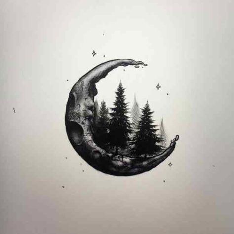 Moon Forest Tattoo, Small Mountain Tattoo, Tattoo Mountain, Cover Up Tattoos For Women, Wrist Tattoo Cover Up, Moon Forest, Forest Tattoo, Nature Tattoo, Forest Tattoos