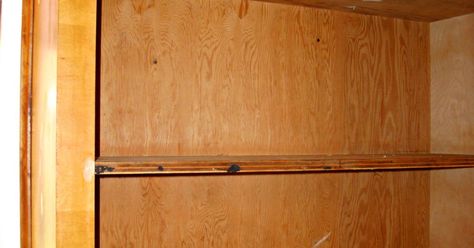 I wanted some open shelving in my new kitchen but when I discovered the cabinets are nailed to the walls instead of screwed I thought it may be easier to just transform one of the cabinets into open shelving instead! Here is a before shot of the cabinet with the doors removed and holes patched. You can see it's a cheap plywood cabinet and the shelves are really ugly and rough along the front edges. So I picked out some wooden rope trim and glued it onto the edges of both shelves.… Cabinets To Open Shelving, Cheap Plywood, Plywood Cabinets, Plate Racks, Kitchen Cupboard, Boho Kitchen, Plate Display, Kitchen Cupboards, Open Shelving