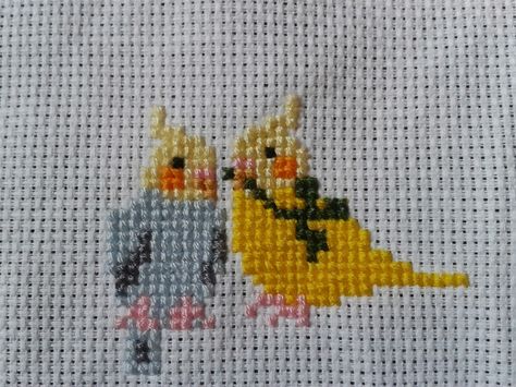 Cockatiel love Cockatiel Cross Stitch, Cockatiel Embroidery, Embroidering Ideas, Cross Stitch Tutorial, Cross Stitch Angels, Tiny Cross Stitch, Cross Stitch Bird, Bird Embroidery, Cross Stitch Funny