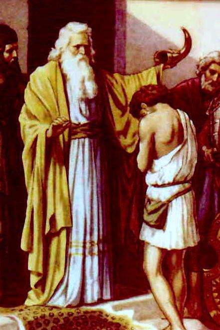 ca. 1024 B.C. DAVID ANNOINTED KING The Lord said to Samuel, “How long will you grieve over Saul, since I have rejected him from being king over Israel? Fill your horn with oil, and go. I will send you to Jesse the Bethlehemite, for I have provided for myself a king among his sons.” Then Samuel took the horn of oil and anointed [David] in the midst of his brothers. And the Spirit of the Lord rushed upon David from that day forward. 1 SAMUEL 16 1 Samuel 16, 1 Samuel, King David, The Horn, Biblical Art, Jesus Images, The Lives Of Others, Old Testament, Torah