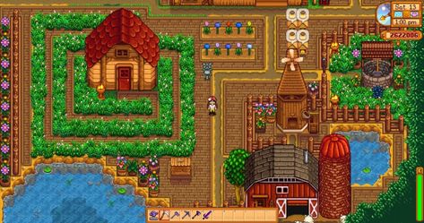 Stardew Valley - Forest Farm | grass spiral design outlining pathway to the shed > mill & well | LadyAmalthea Mill Stardew Valley, Stardew Valley Mill Ideas, Stardew Valley Mill, Stardew Valley Garden Design, Stardew Garden, Forest Farm Stardew Valley, Stardew Valley Ideas, Forest Farm Layout, Stardew Valley Farm Ideas