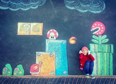 Video Game Sidewalk Chalk Art Sidewalk Chalk Photos, Easy Chalk Drawings, Chalk Pictures, Chalk Photos, Fun Chalk Art, Gorgeous Landscapes, Chalk Design, Chalk Wall, Sidewalk Chalk Art