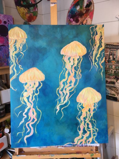 Jelly Fish Acrylic Painting Easy, Jelly Fish Painting Ideas, Simple Jellyfish Painting, How To Paint Jellyfish, Jellyfish Painting Acrylic Easy, Jelly Fish Painting Acrylic, Jellyfish Canvas Painting, Jellyfish Painting Easy, Pinturas Grunge