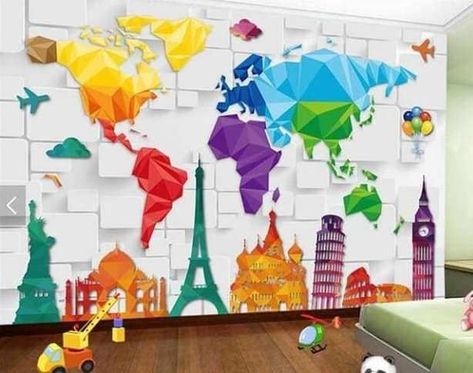 Adding Elegant Wallpaper Design Ideas For Your Home That Bring Personality To Any Space G20 Decoration Ideas, Rolls Rolls, Wallpaper Design Ideas, Kids Bedroom Wallpaper, Map Abstract, Kids Room Curtains, Around The World Theme, Inspiring Wallpaper, Classroom Interior