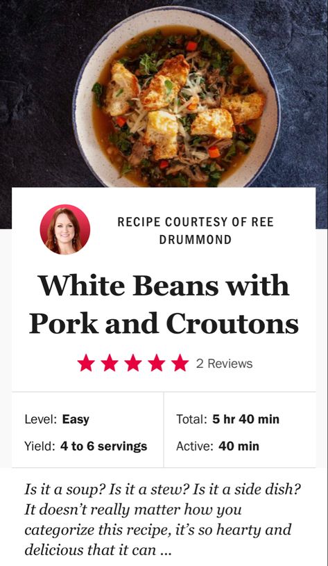 Pioneer Woman Pork And White Bean Soup, Pioneer Woman White Beans With Pork, Beans With Pork, Croutons Recipe, Crouton Recipes, Pork Soup, Paprika Pork, Pork Stew, Diced Carrots