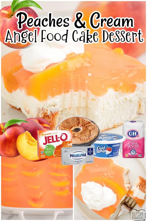 PEACH ANGEL FOOD CAKE DESSERT - Butter with a Side of Bread Peach Cake Recipes, Peach Jello, Angel Food Cake Desserts, Peach Dessert, Peach Dessert Recipes, Cream Cheese Topping, Peach Desserts, Peach Cake, Mix Recipes