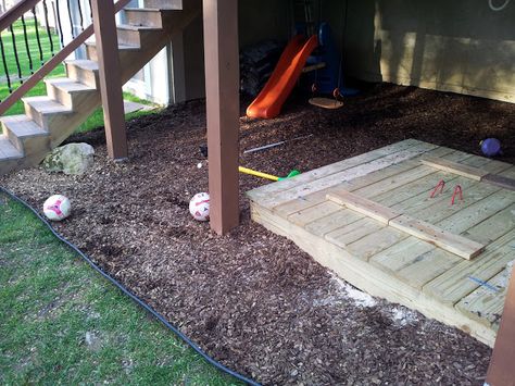 Mulch under the deck for kids play area. Deck Play Area, Mulch Ideas, Landscaping Around Deck, Deck Landscaping, Under Deck, Kids Yard, Outdoor Play Space, Dream Patio, Outdoor Sitting Area