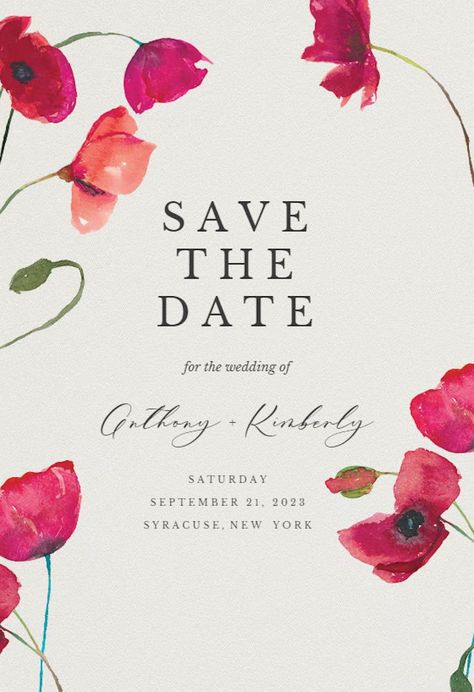 Red poppies - Save the Date Card Template (Free) | Greetings Island Card Template Free, Greetings Island, Floral Save The Dates, Card Templates Free, Save The Date Templates, Save The Date Card, Watercolor Invitations, Wedding Card Design, Formal Invitation