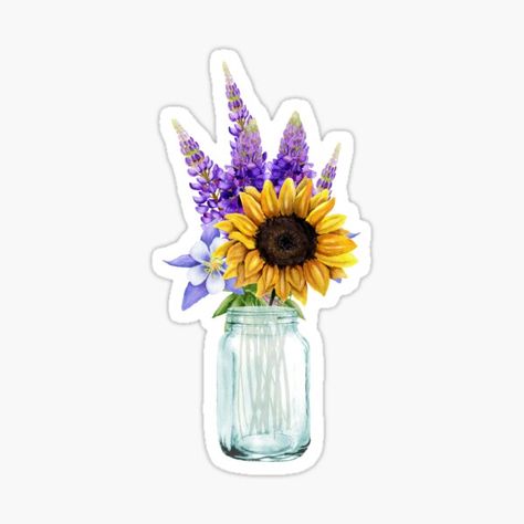 "Mason Jar with a Bouquet of Lavender and Sunflower." Sticker for Sale by Pavnud | Redbubble Mason Jar Tattoo, Bouquet Of Lavender, Sunflower Home Decor, Sunflower Sticker, Lilac Bouquet, Sunflower Drawing, Bouquet Tattoo, Agenda Planner, Planner Ideas