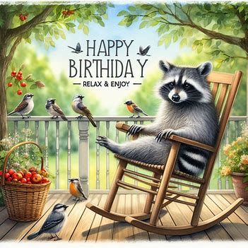 Old raccoon sits in rocking chair on porch, birds sit on railing, background soft summer street, words HAPPY BIRTHDAY, watercolor, words "Relax & Enjoy" - Image Creator from Microsoft Designer Street Words, Birthday Raccoon, Raccoon Birthday, Happy Birthday Watercolor, Watercolor Words, Birthday Watercolor, Summer Street, Happy Words, Soft Summer