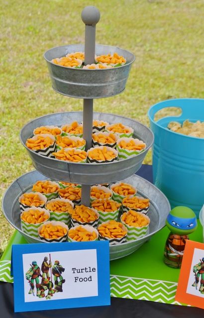 Carter & Clayton's Totally Awesome TMNT Birthday Party | CatchMyParty.com ~ Turtle Food (Goldfish) Ninja Turtle Food, Tmnt Birthday Party Ideas, Turtles Birthday Party Ideas, Ninja Turtles Birthday Party Ideas, Teenage Mutant Ninja Turtles Birthday, Ninja Turtle Theme, Turtle Food, Ninja Turtles Birthday, Mutant Ninja Turtles Party