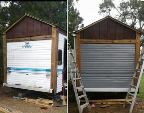 A little #Paint goes a long way! From #Camper to #TinyHome this #Prowler got a facelift! Peep the #Reclaimed #BarnWood and the gorgeous red reclaimed barn metal roof #CamperRemodel #TinyHouse Metal Roof On Camper, Camper Roof Ideas, Trailer Remodel Single Wide, Pond House, Corrugated Metal Roof, Small Campers, Single Wide, Trailer Ideas, Camper Remodel