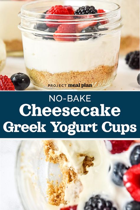 These No-Bake Cheesecake Greek Yogurt Cups feature a classic graham cracker base, topped with homemade cheesecake flavored Greek yogurt filling. Portion into mason jars for make-ahead friendly single serve desserts anytime! ProjectMealPlan.com Cheesecake Greek Yogurt, Greek Yoghurt Recipes, Mason Jar Cheesecake, Greek Yogurt Snacks, Breakfast Cheesecake, Greek Yogurt Dessert, Greek Yogurt Cheesecake, Yogurt Snacks, Greek Yogurt Flavors