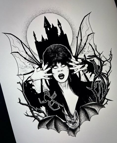 Elvira Tattoo Design, Elvira Mistress Of The Dark Tattoo, Elvira Tattoo Ideas, Elvira Fanart, Elvira Art, Elvira Tattoo, Burlesque Tattoo, Horror Convention, Horror Sleeve