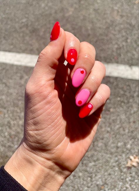 Red Pink Nail Designs, Red With Pink Nails, Bright Red And Pink Nails, Simple Pink And Red Nails, Summer Nails Red Pink, Red Pink Black Nails, Red And Pink Nails Design, Red And Pink Manicure, Pink Nails Spring 2024