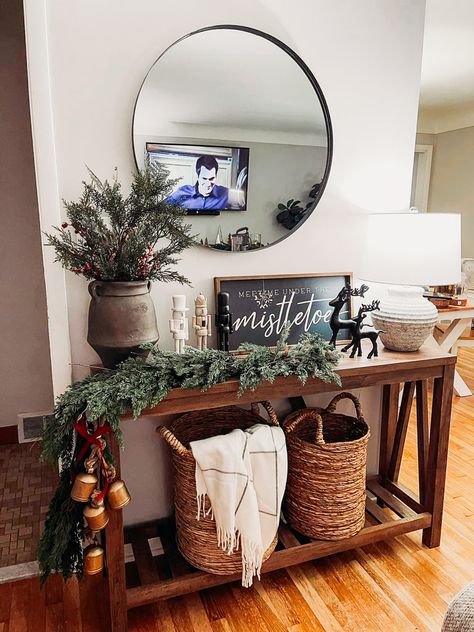 Stockings On Console Table, Split Entry Christmas Decor, Garland On Entry Table, Neutral Christmas Entryway Table Decor, Christmas Decor For Side Table, Accent Table Christmas Decor Ideas, Entry Way Table Decor Christmas, Contemporary Christmas Decor Ideas, Christmas Decor For Entry Table