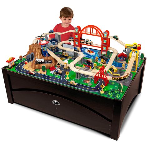 KidKraft Metropolis Train Set Table with Trundle Drawer - 17935 | from hayneedle.com Wooden Train Table, Train Set Table, Model Train Table, Kids Play Table, Train Table, Wooden Train Set, Kids Exploring, Play Table, Train Sets