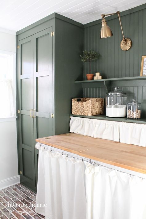 Welcome Home Sunday- The First Edition » The Tattered Pew Green Laundry Room, Powder Room Renovation, Laundry Room Update, Home Paint Color, Green Laundry, Basement Laundry Room, Vintage Industrial Lighting, Warm Interior, Green Paint Colors