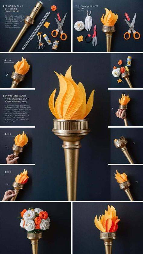 Celebrate the Summer Olympics with a homemade torch! This easy tutorial shows you how to craft a realistic Olympic torch using household items. Perfect for kids and adults, this project adds a festive touch to any Olympic viewing party or event. Show your Olympic pride with a torch you made yourself! #DIYTutorial #OlympicGames #Paris2024 #CraftingWithKids #SummerFun Olympic Float Ideas, How To Make An Olympic Torch, Olympic Podium Diy, Statue Of Liberty Torch Diy, Diy Statue Of Liberty Torch, Olympic Trunk Or Treat, Olympics Decorations Ideas, Olympic Torch Craft For Kids, Olympic Torch Diy