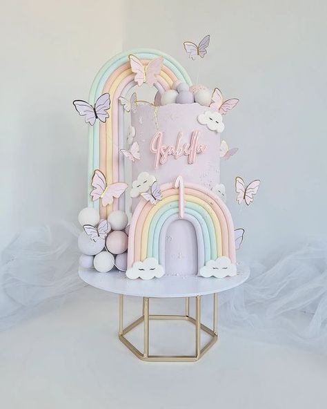 Rainbow And Butterfly Cake, Butterfly Rainbow Party, Pastel Butterfly Birthday Party, Butterfly Theme Cake 1st Birthdays, Pastel Butterfly Cake, Rainbow Butterfly Cake, Pastel Rainbow Birthday Party, Butterfly Birthday Cake, Pastel Rainbow Cake