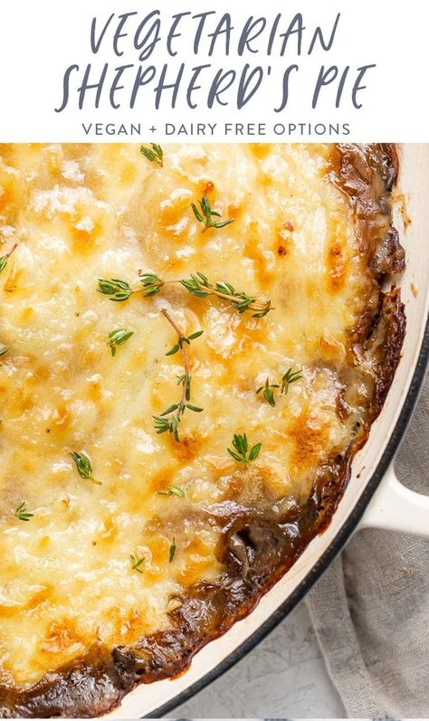 This vegetarian shepherd's pie is one of my family's favorite recipes! Made with hearty lentils and meaty mushrooms, it's unbelievably savory and perfectly seasoned. A true one-pan meal, it's filling and satisfying. You don't have to tell anyone that it's quite healthy! #lentils #veganoption #dairyfreeoption #pantrystaples Hygge Recipes, Vegetarian Shepherds Pie, 40 Aprons, Vegan Shepherds Pie, Vegan Stew, Veg Dishes, Vegetarian Entrees, Shepherd's Pie, Tasty Vegetarian Recipes