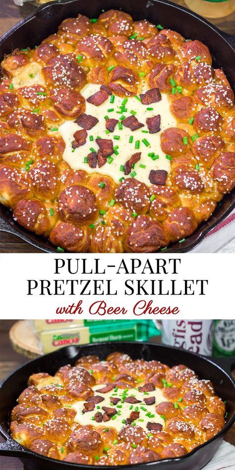 This Pull Apart Pretzel Skillet features warm, soft pretzels served with Beer Cheese. It's the perfect way to celebrate Oktoberfest and Autumn days in general! Oktoberfest Pretzel Muffins, Pull Apart Pretzel Skillet, Applebees Beer Cheese Dip For Pretzels, German Sides Oktoberfest, German Appetizers Oktoberfest Party Beer Cheese Dips, Oktoberfest Side Dishes, October Fest Recipes, October Fest Appetizers, German Appetizers Oktoberfest Party