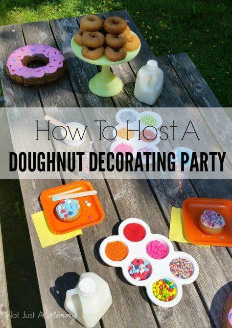 Doughnut Decorating Party - perfect as a birthday party activity or for a slumber party breakfast! Donut Decorating Ideas Themed Parties, Donut Decorating Party, Donut Activities, Party Breakfast, Donut Party Decorations, Donut Theme Party, Doughnut Party, Birthday Party Activity, Donut Themed Birthday Party