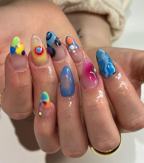 Nails Acrylic Artistic, Mix Nails Designs, Mix And Match Nails Design, Bright Summer Nails, Lace Nails, Colorful Nail, Nails Only, Art Nails, Nail Art Ideas