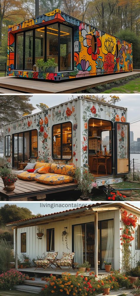 Revel in the fusion of art and sustainability with these floral-painted container homes, each a vibrant masterpiece. #shippingcontainerhomes #architecture #containerhouse #containerhousedesign #containerhouseideas #containercabin #tinyhousedesign #containerhomes #housedesign #beforeandafterhome Wohne Im Tiny House, House On A Budget, Old School Bus, Container Cabin, Prefab Cabins, Shipping Container House Plans, Tiny House Inspiration, Real Numbers, Container House Plans